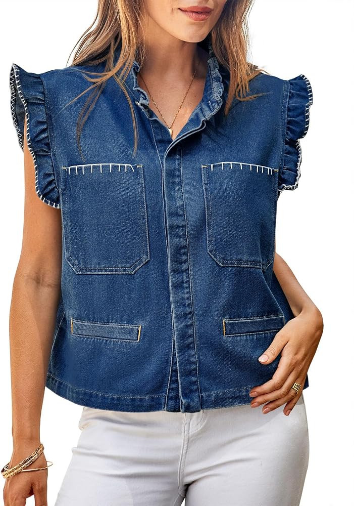 Tankaneo Womens Denim Vest Ruffle Sleeve Summer Causal Cropped Jean Vests | Amazon (US)