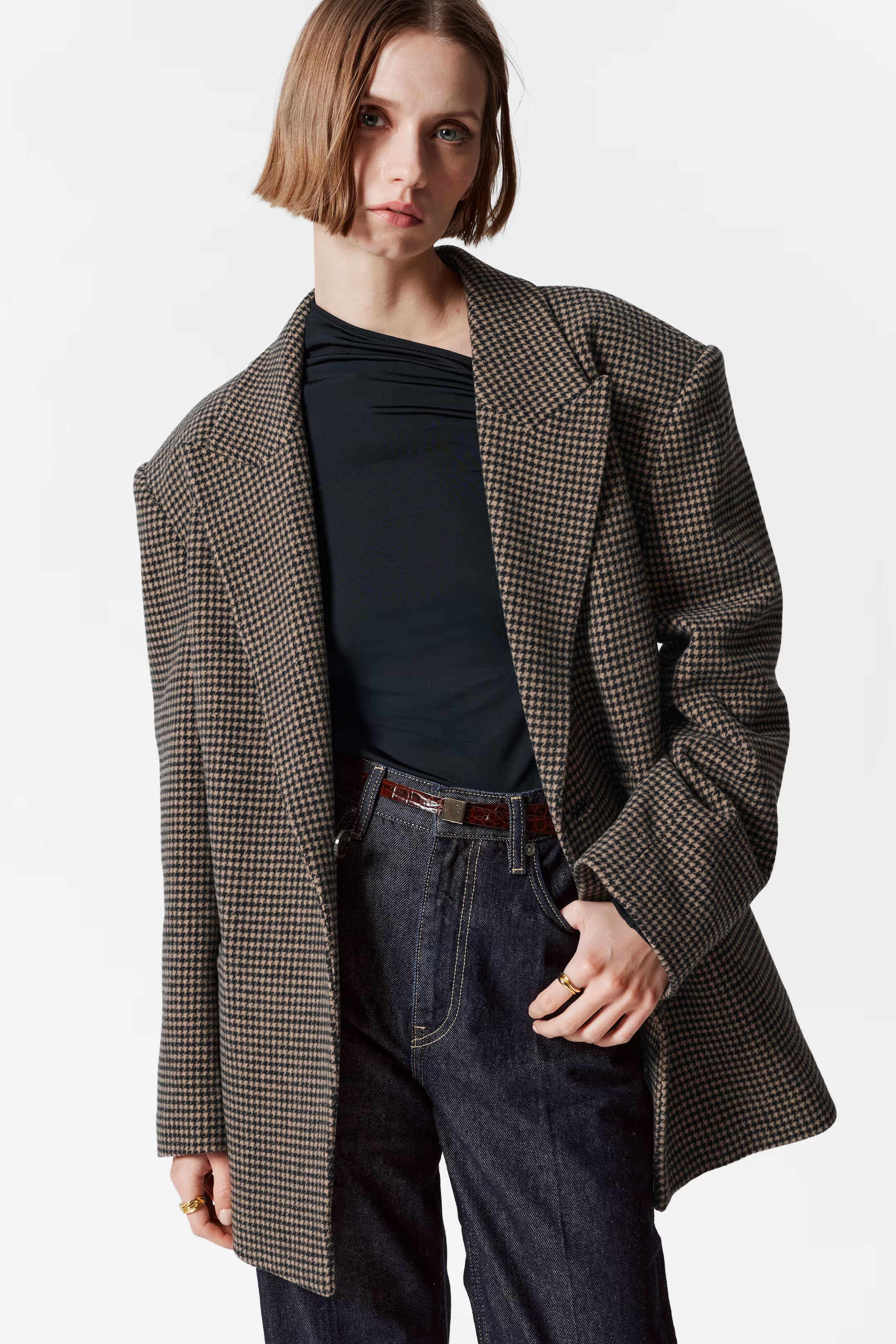 Belted Wool Blazer - Brown dogtooth - MUJER | H&M ES | H&M (FR, IT, ES, PT, BE)