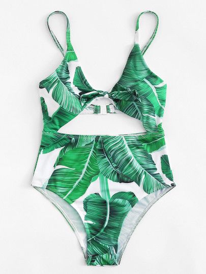 SHEIN Knot Cutout Front Tropical Swimsuit | SHEIN
