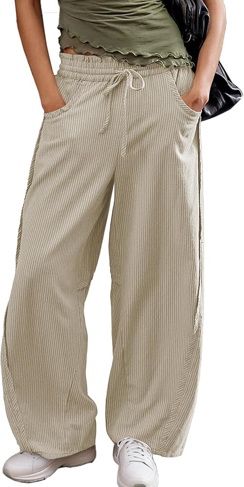 Baggy Barrel Wide Leg Palazzo Pants for Women Drawstring Waist Stripe Pull-On Lounge Trousers wit... | Amazon (US)