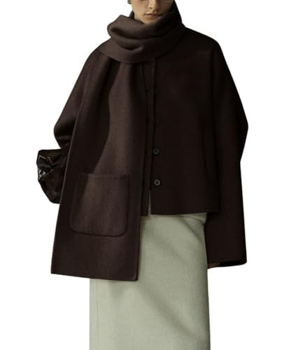 chouyatou Women's Casual Single Breasted Cropped Wool Coat Dressy Trench Pea Coat Short Wool Jacket with Scarf (Small, Coffee) | Amazon (US)
