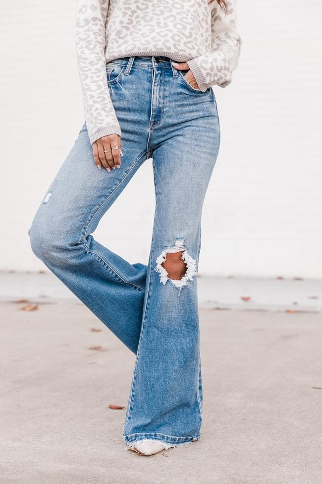 Kara Distressed Medium Wash Flare Jeans | The Pink Lily Boutique