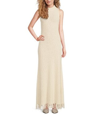 Boucle Sweater Knit Mock Neck Sleeveless Shift Fringe Hem Maxi Dress | Dillard's