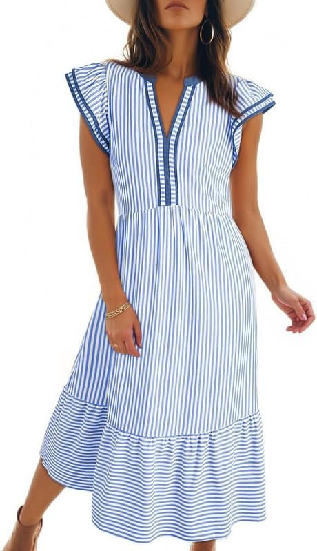 Dokotoo Womens Dresses 2026 Summer V-Neck Ruffle Cap Sleeve Empire Waist Flowy Striped Beach Midi... | Amazon (US)