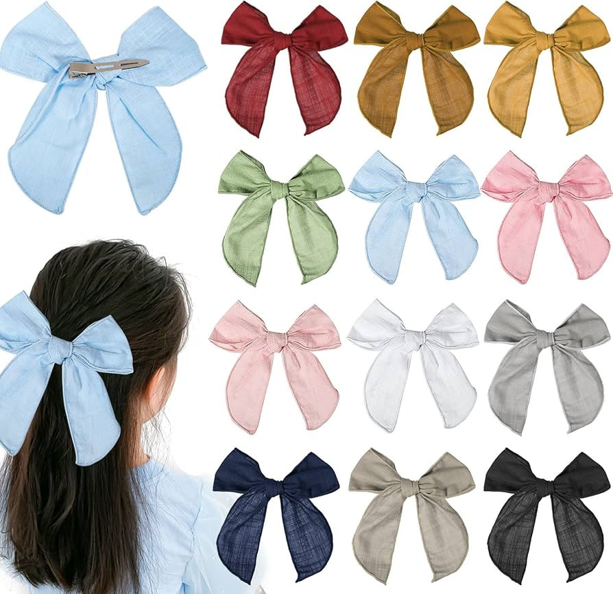 12 Pcs Hair Bows for Girls, 5 Inch Fable Bows Cotton Linen Hair Bows Clips Toddler Hair Bows Acce... | Amazon (US)