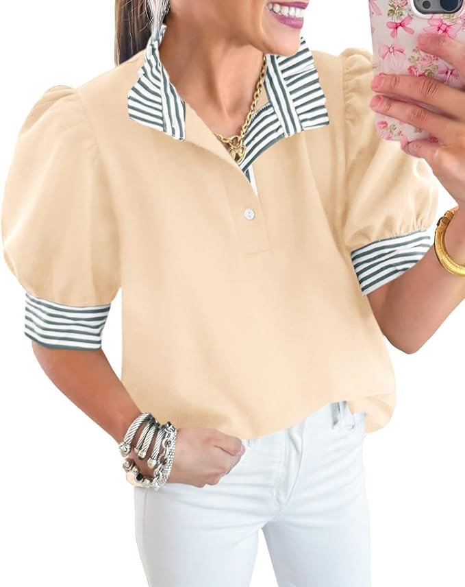 Cicy Bell Womens Summer Puff Sleeve Blouses Casual Dressy Ruffle V Neck Tops Color Block Striped ... | Amazon (US)