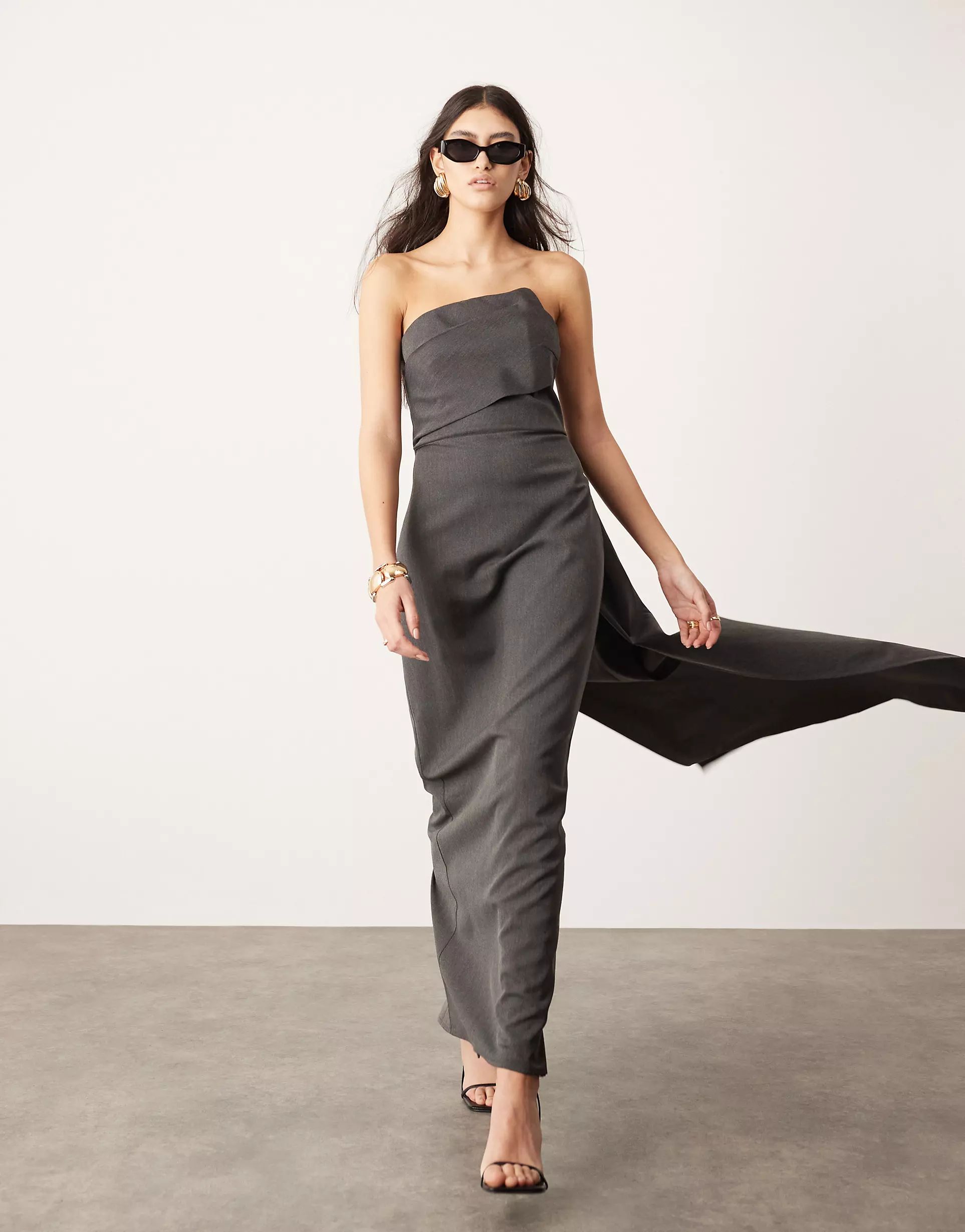 ASOS EDITION tailored asymmetric neck bandeau maxi dress with train in charcoal gray | ASOS (Global)