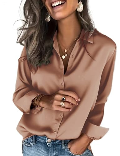 Zeagoo Blouse for Women Long Sleeve Brown Button Up Shirt Women Satin Top | Amazon (US)