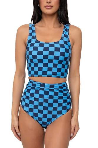 Coral Reef Swim Tankini Swimsuits for Women - Square Neck Tankini Top & High Waisted Ruched Bikini Bottoms -Blue/Black -XXS | Amazon (US)