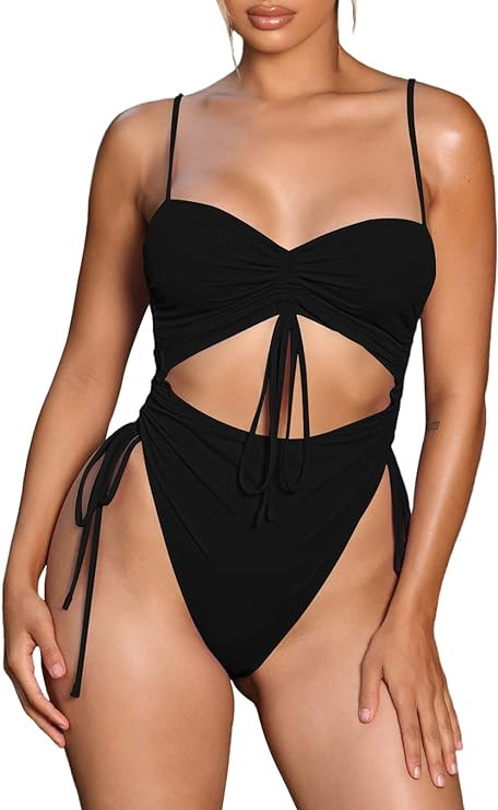 Viottiset Women's Cut Out Drawstring One Piece Swimsuit Cheeky High Cut Bathing Suit | Amazon (US)