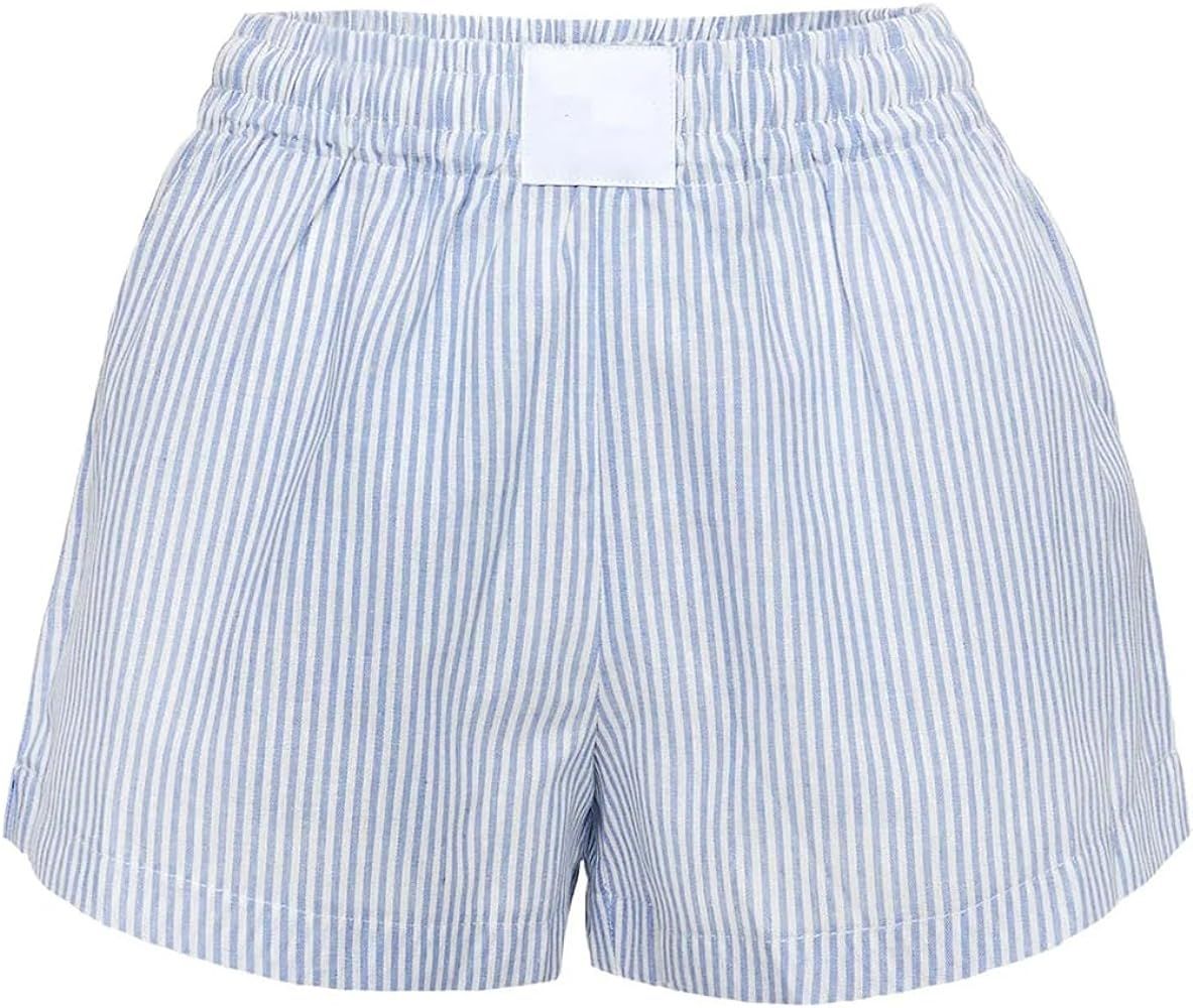 Women Y2k Cute Striped Boxer Shorts Casual Elastic Waist Pajama Shorts Bottoms Shorts Checkered S... | Amazon (US)