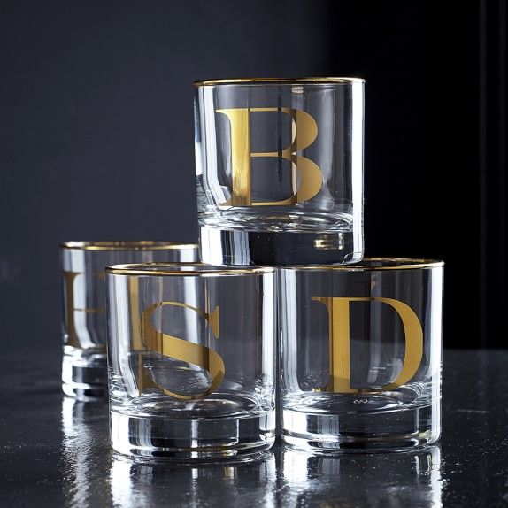 Williams Sonoma Gold Monogram Double Old-Fashioned Glasses | Williams-Sonoma