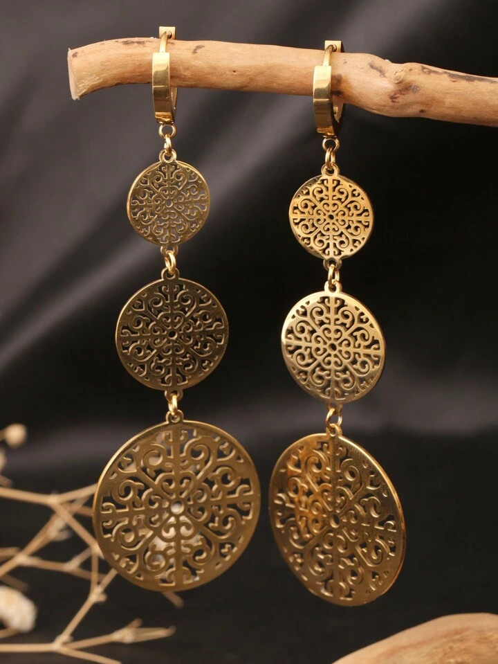 1 Pair Stainless Steel 3 Hollow Floral Pattern Earrings, 18K Gold Plated Vine And Leaf Dangle Earrings, Suitable As Wife/Girlfriend Gift, Daily Wear For Women | SHEIN