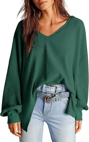 Dokotoo Womens Waffle Knit Tops Fashion 2025 Long Lantern Sleeve Casual Blouses V Neck Oversized ... | Amazon (US)