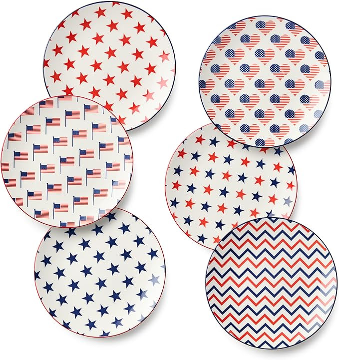 Patriotic Pad Print Porcelain SALAD/DESSERT PLATES SET of 6, 8.75 inch red white and blue assorte... | Amazon (US)