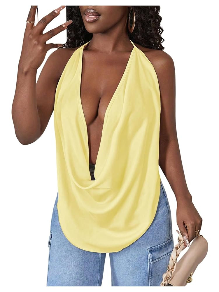SOLY HUX Women's Sexy Cowl Neck Tops Deep V Neck Draped Halter Tie Back Y2K Going Out Cami Tops | Amazon (US)