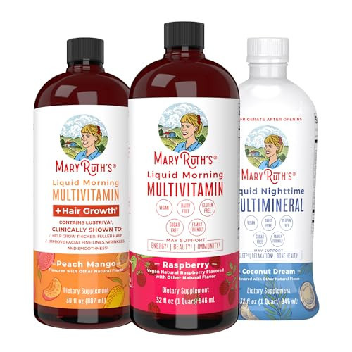 MaryRuth Organics Liquid Morning Multivitamins: +Hair Growth (Peach Mango), Daily Wellness (Raspberry), & Nighttime Multimineral (Coconut) | Vegan Vitamins for Beauty, Energy, & Sleep | CLP, Non-GMO | Amazon (US)