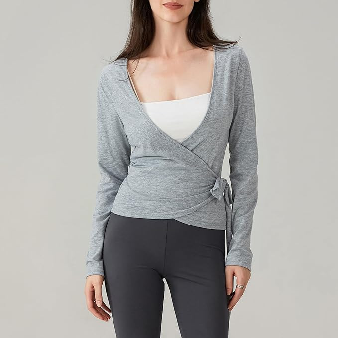 Women Wrap Top Long Sleeve Deep V Neck Cross Tie Workout Ballet Pilates Yoga Shirt | Amazon (US)