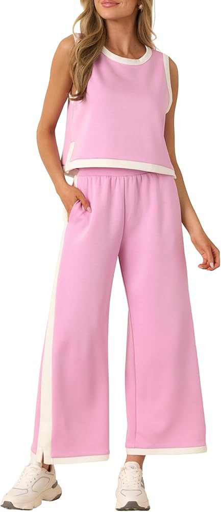 Two Piece Sets for Women Lounge Set Summer Outfits Sleeveless Top Wide Leg Pants Casual Beach Vac... | Amazon (US)