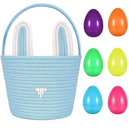 Hand Woven Cotton Easter Baskets with 6 Empty Easter Eggs Fillable, 3D Cute Bunny Design Empty Ba... | Amazon (US)