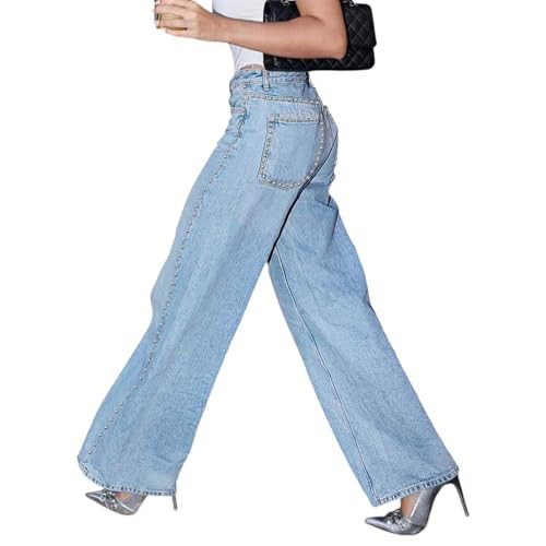 WGXWGX Women Pearls Beaded Wide Leg Jeans Loose Fit Stretch Casual Straight | Amazon (US)