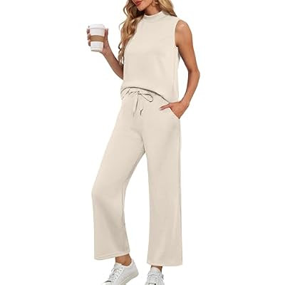 Lepunuo Two Piece Sets for Women Summer Mock Neck Sleeveless Top Crop Wide Leg P… | Amazon (US)