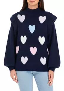 Crown & Ivy™ Women's Long Ruffle Sleeve Fuzzy Hearts Sweater | Belk