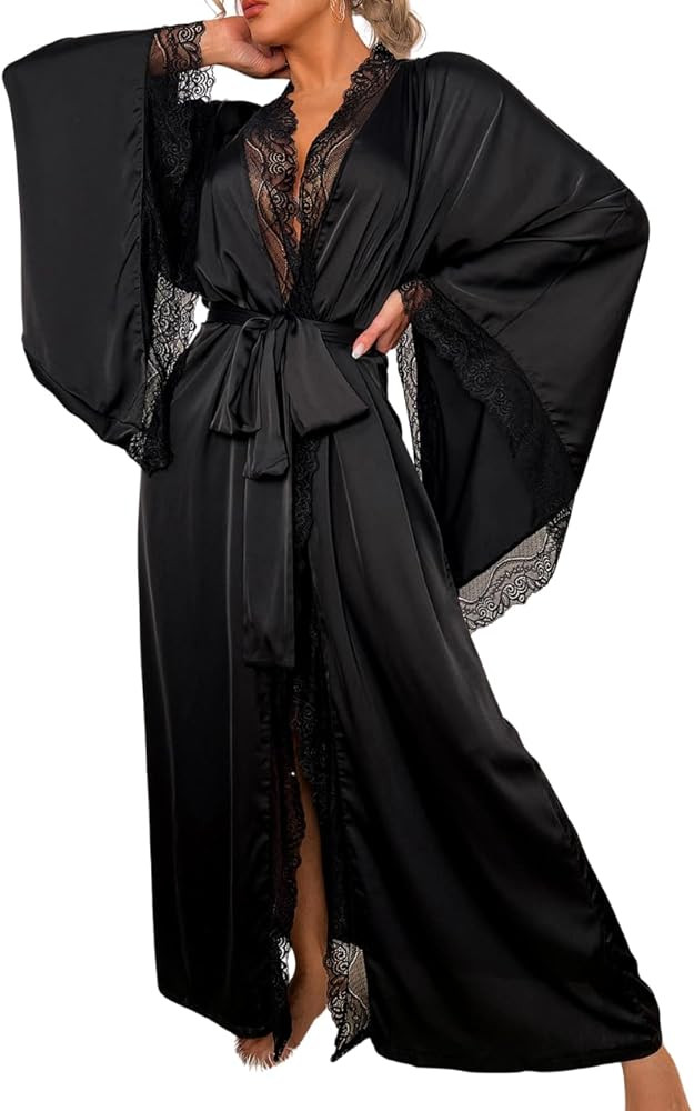 Silk Long Robe For Women, Satin Lace-Trim, Bride Wedding-Night, Bridal Bridesmaid Kimono Robes Li... | Amazon (US)