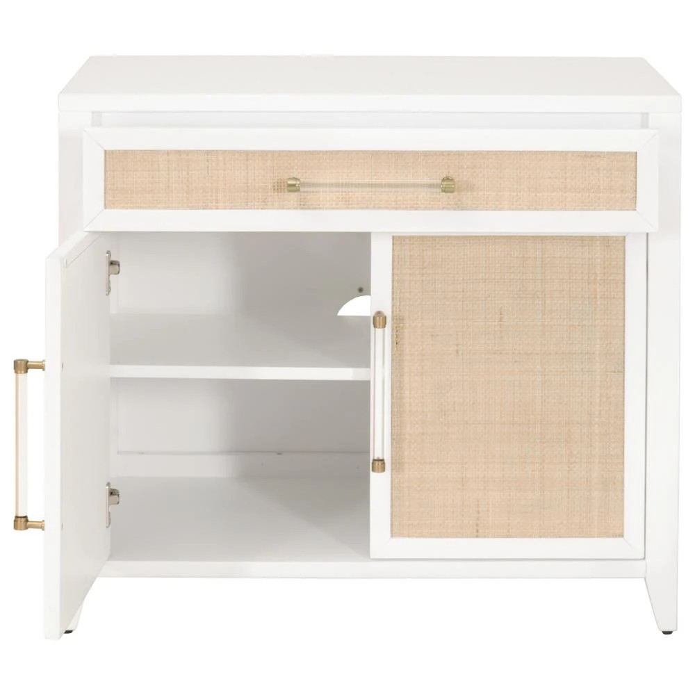 Steven Coastal Beach Matte White Natural Rattan Media Cabinet | Kathy Kuo Home
