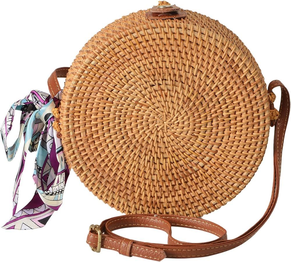 Round Rattan Bags Woman Handwoven Straw Purse Bag Crossbody Shoulder Bag Leather Straps Natural C... | Amazon (US)
