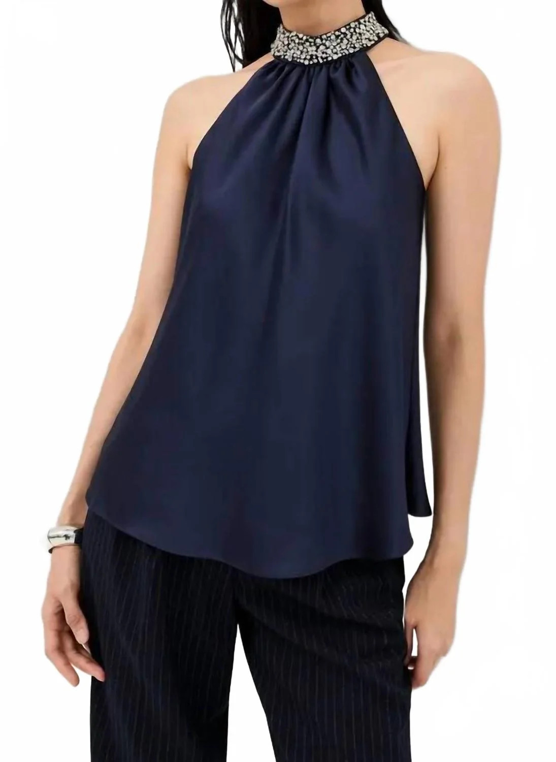 Navi Embellished Satin Top In Midnight | Shop Simon