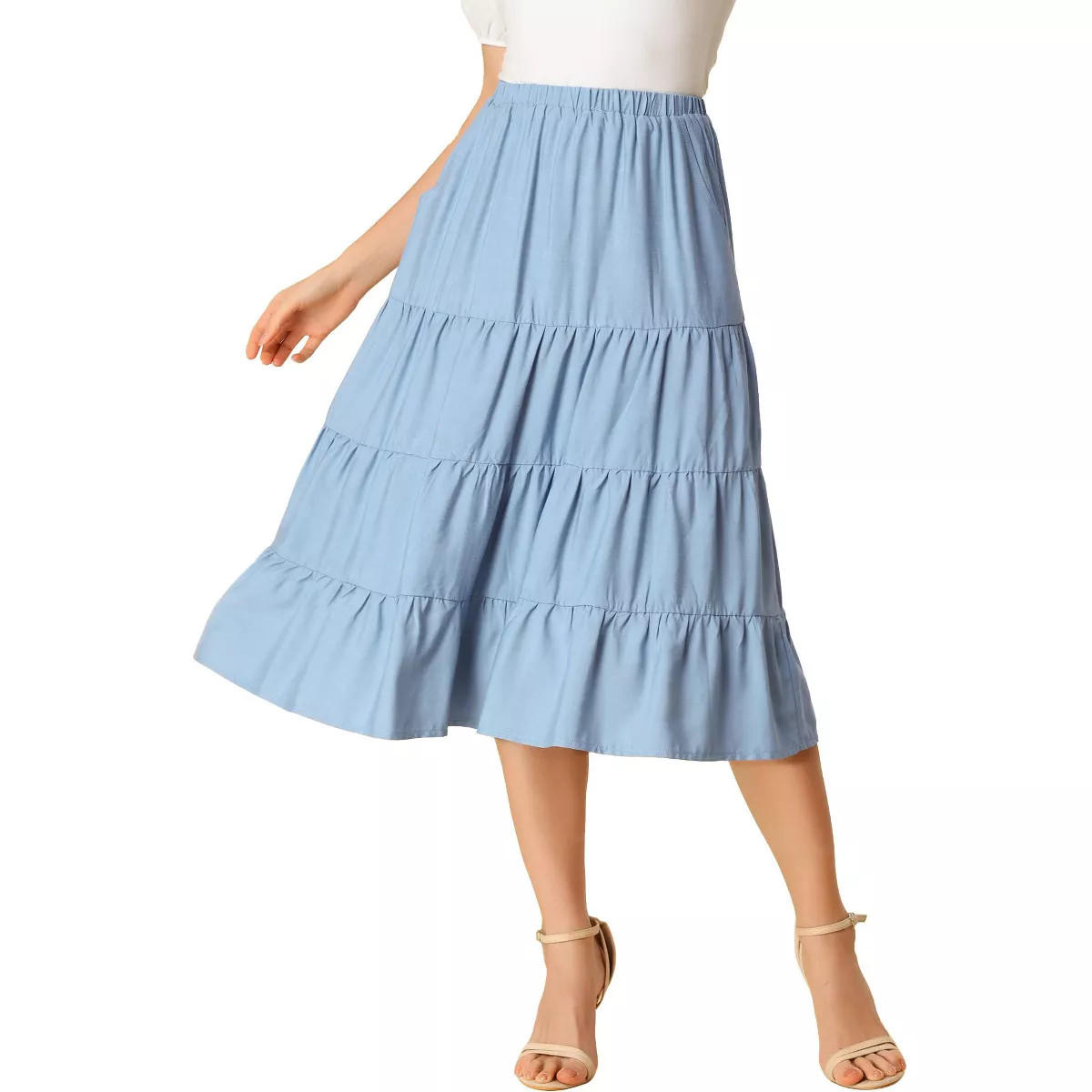 Allegra K Women's Midi Solid Elastic Waist Flare Tiered Long A-Line Skirt with Pockets | Target