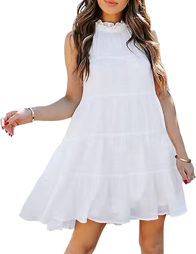 Women's Fungus Collar Dress Halter Sleeveless Tie Mini Dress Loose Solid Color Dress Ruffle Hem 2022 | Amazon (US)