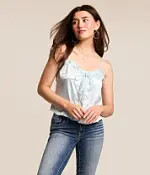 Embroidered Floral Satin RuffleTank Top | Buckle