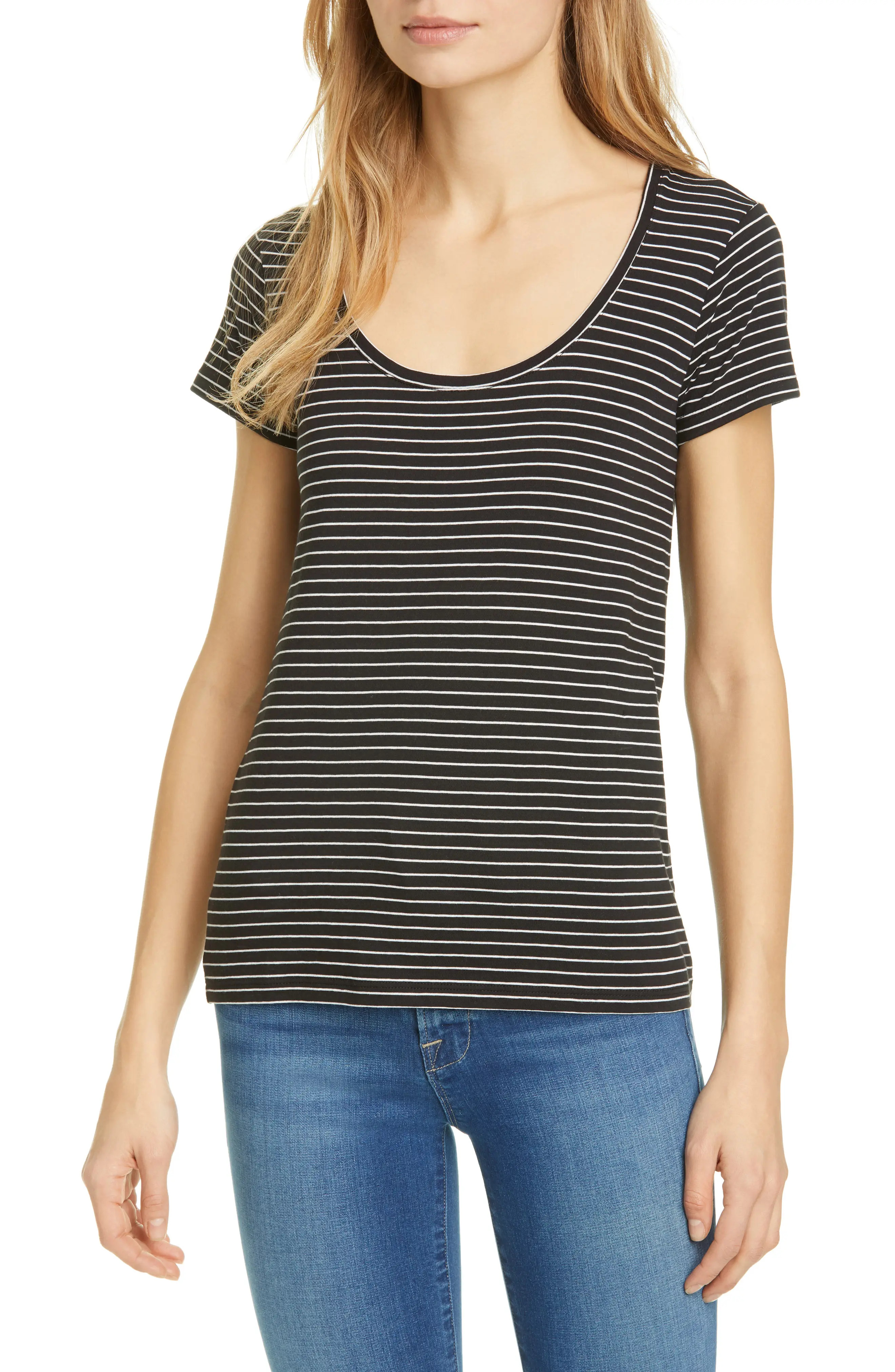 Women's Frame Le Scoop Stripe Organic Cotton T-Shirt, Size Small - Black | Nordstrom