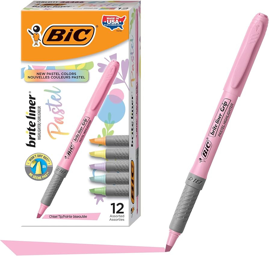 BIC Brite Liner Grip Pastel Highlighter Set, Chisel Tip, 12-Count Pack of Pastel Highlighters in ... | Amazon (US)