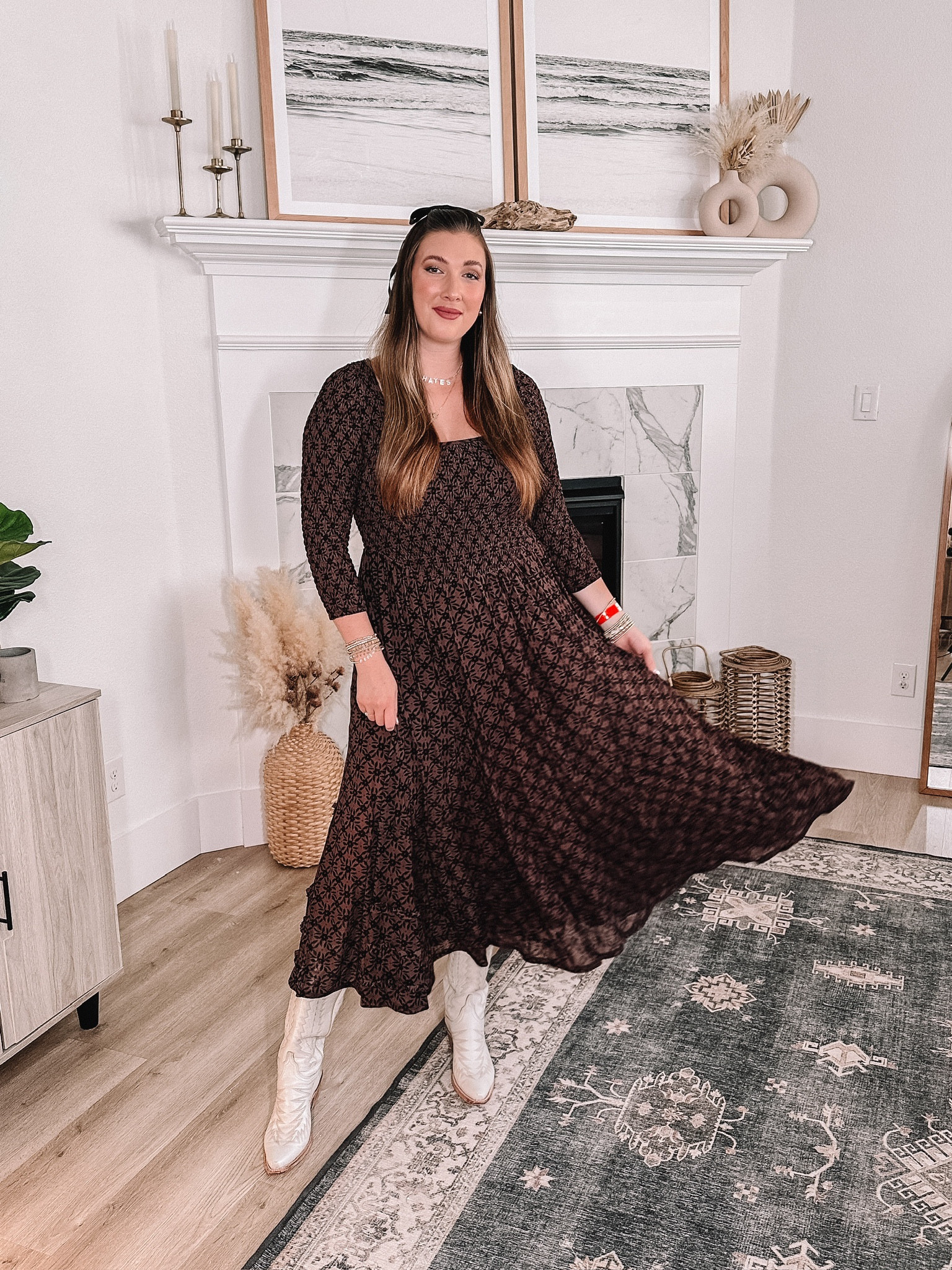 knee length dresses for ladies Free People Brown Its Fate Midi Dress UK L