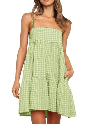 Wenrine Womens Summer Plaid Mini Dress Spaghetti Strap Beach Sundress Green | Amazon (US)