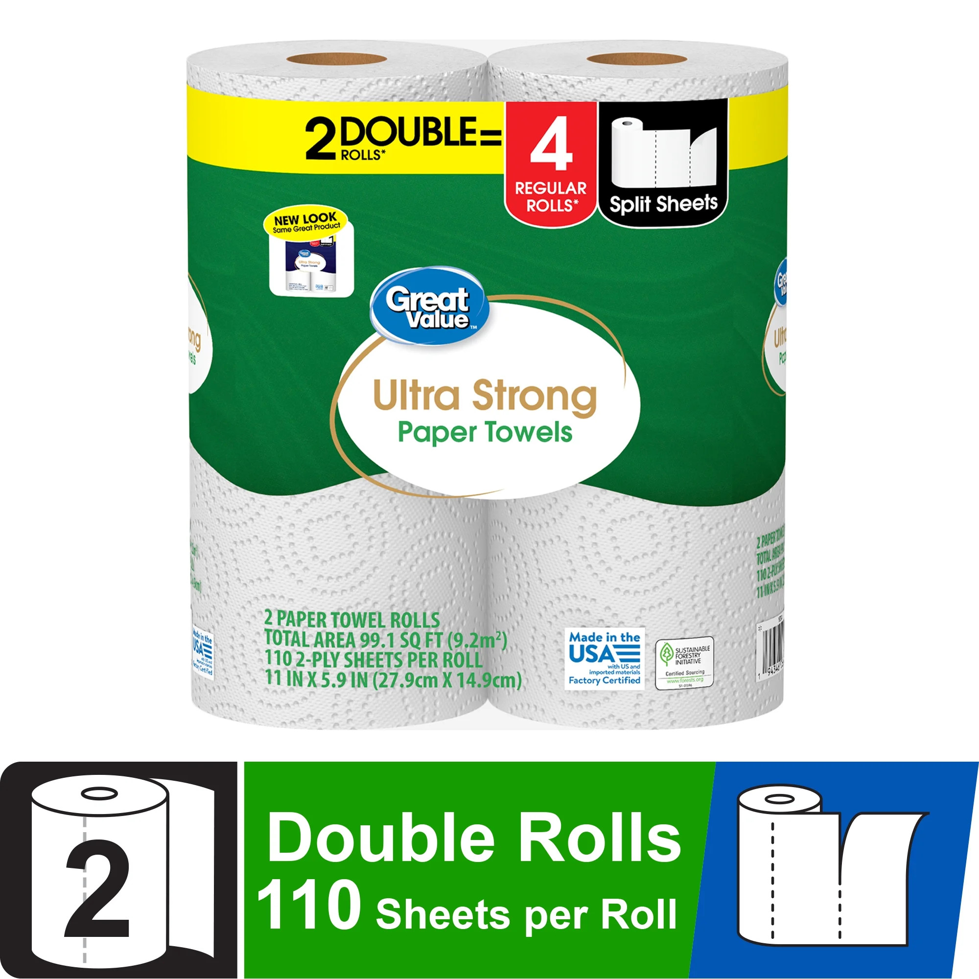 Great Value Ultra Strong Paper Towels, White, 2 Double Rolls | Walmart (US)