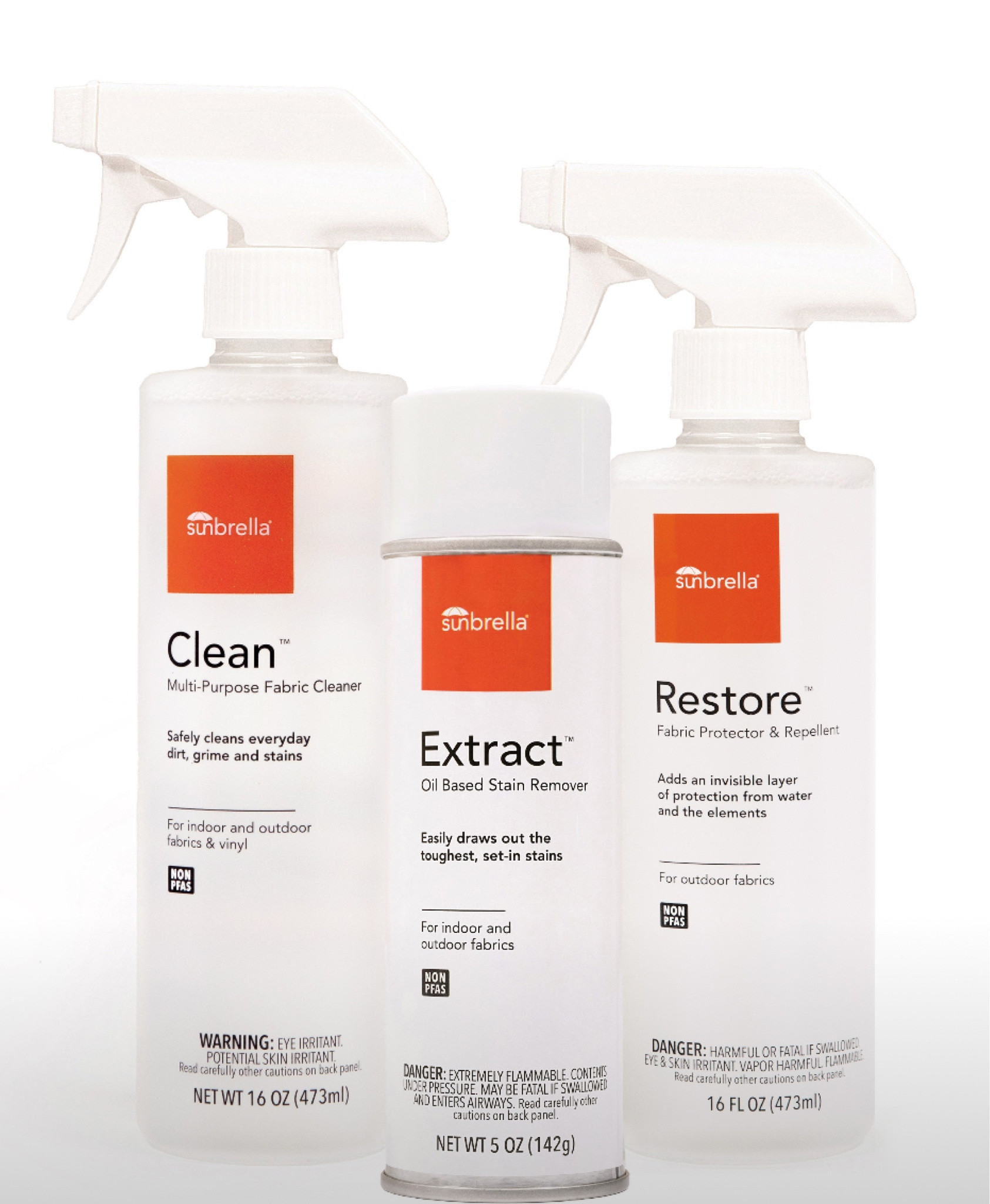 The Sunbrella Total Care Kit maintains, protects, and restores your fabrics with expert formulas to provide the best solutions for the continued care of your
Sunbrella fabrics. The Total Care Kit includes Sunbrella Clean Multi-Purpose Fabric Cleaner, Sunbrella Extract
Oil Based Stain Remover, and Sunbrella Restore
Fabric Protector & Repellent. All our cleaning formulas are Sunbrella tested and Sunbrella approved for everyday spills, tough oil stains, and the continued protection of your Sunbrella fabrics.
Features
• Includes solutions for the cleaning and continued care of your Sunbrella fabrics
• Treats everyday spills, tough oil based stains, and renews water repellency after years of use.
• Specially formulated to work on all Sunbrella
fabrics
• Made for use on water-safe fabrics (always spot test on non-Sunbrella fabrics)
• Non-PFAS formulas

#LTKMostLoved #LTKHome #LTKSaleAlert