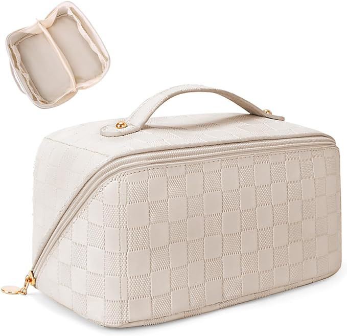 Cessfle Large Capacity Travel Cosmetic Bag, Travel Makeup Bag, Checkered Makeup Bag Open Flat Toi... | Amazon (US)