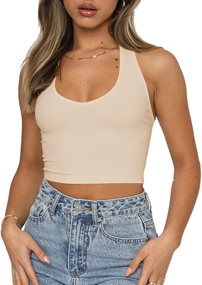 Artfish Women's Sexy Scoop Neck Halter Crop Top Backless Knit Rib Basic Cami Tank Tops | Amazon (US)