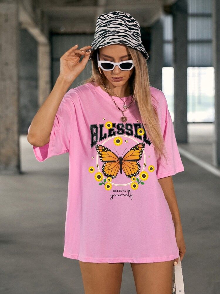 Butterfly And Slogan Graphic Drop Shoulder Oversized Tee | SHEIN