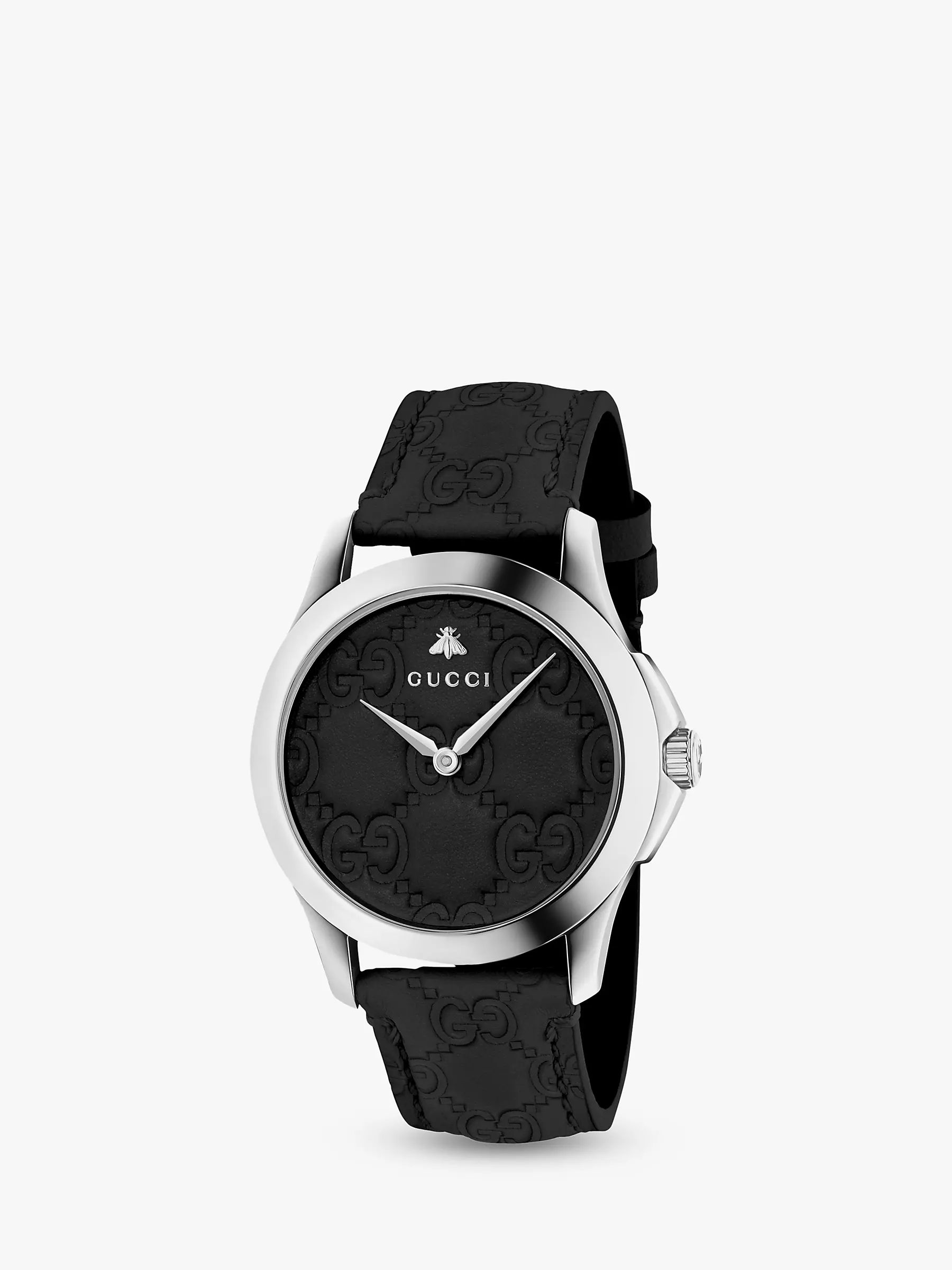 Gucci YA1264031 Unisex G-Timeless Signature Leather Strap Watch, Black | John Lewis UK