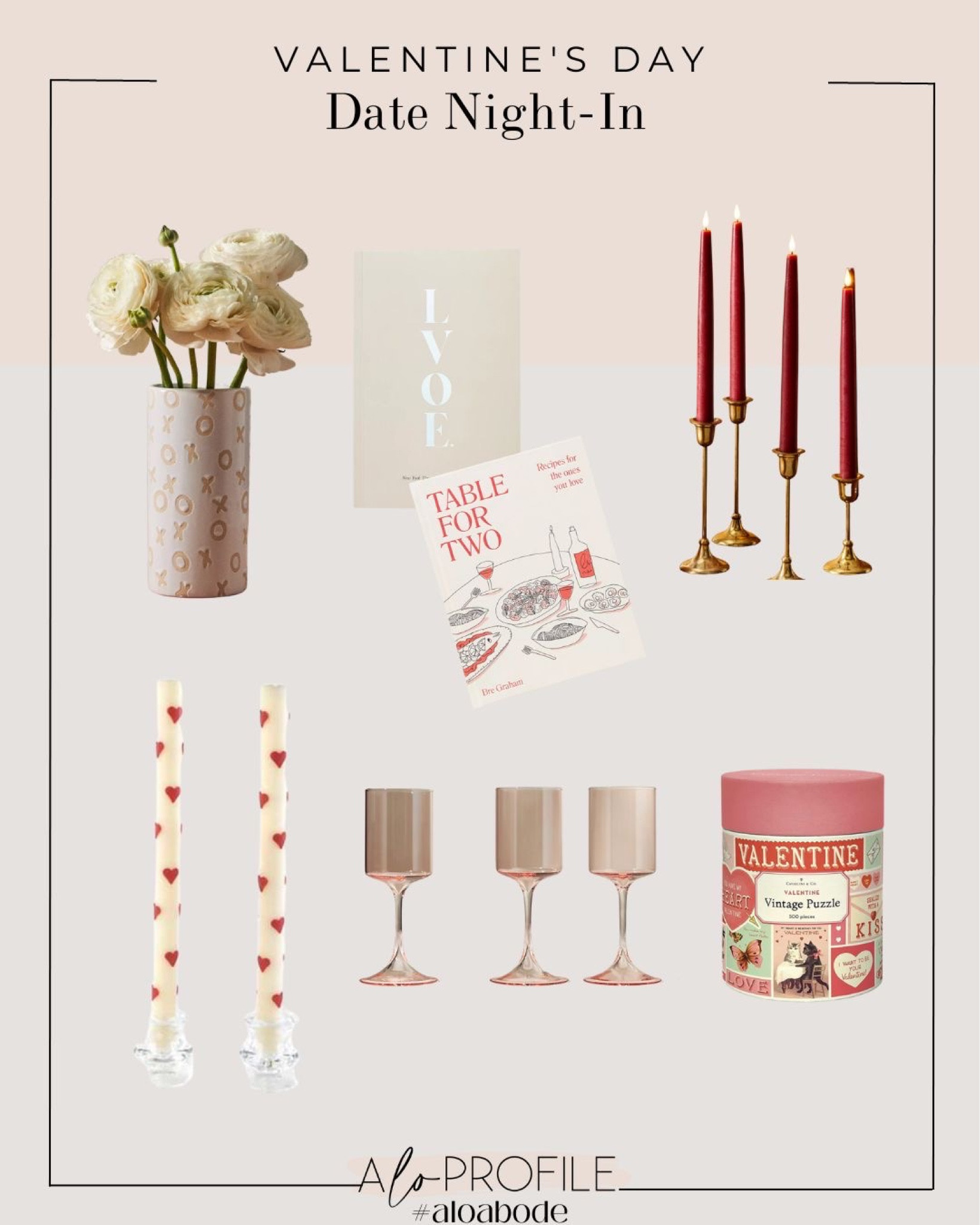 Valentine's Day // Date night in, candle sticks, heart decor, valentines day vase, XO vase, XO decor, enneagram book, cookbook, wellness journal, valentines day puzzle, wine glasses, pink glasses, cozy night in, romantic decor, red candle sticks, heart candle sticks, low key valentines day

#LTKhome
