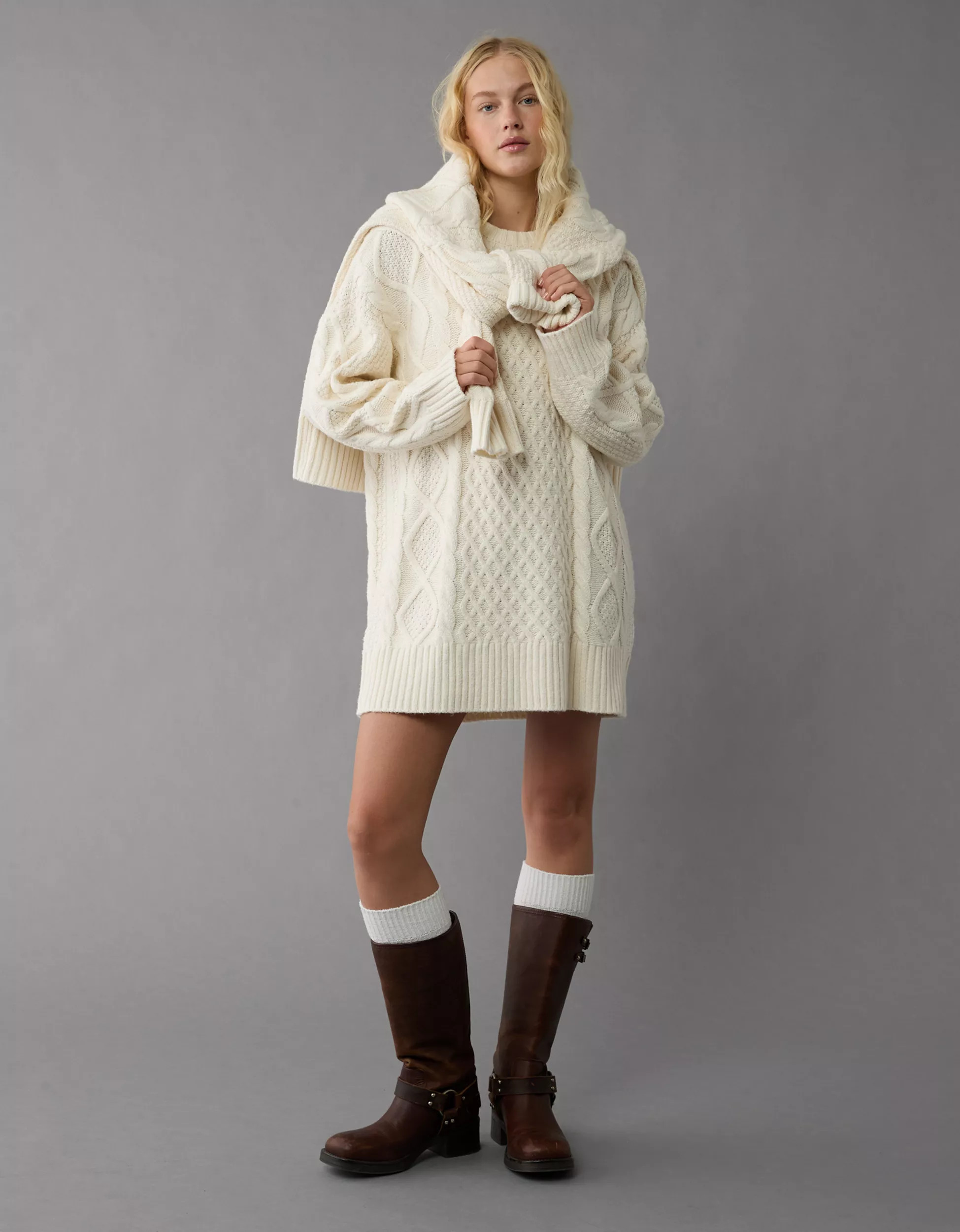 AE Long-Sleeve Cable Knit Sweater Mini Dress | American Eagle Outfitters (US & CA)