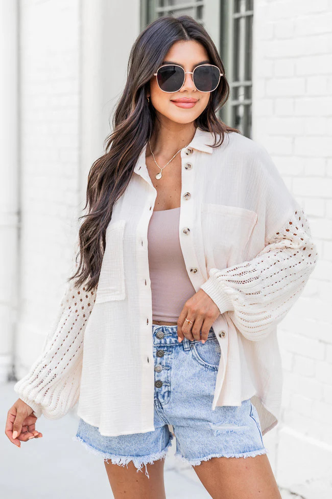 KEEP SHINING CREAM CROCHET SLEEVE GAUZE SHACKET | Pink Lily