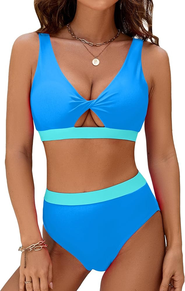Blooming Jelly Women's High Waisted Bikini Sets Two Piece Color Block Swimsuits Sports Cutout Hig... | Amazon (US)