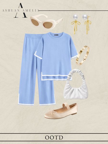 amazon set, blue outfit, white purse, ballet flats, gold earrings, gold bracelet, white sunglasses. summer outfit 

#LTKSeasonal #LTKStyleTip #LTKFindsUnder100