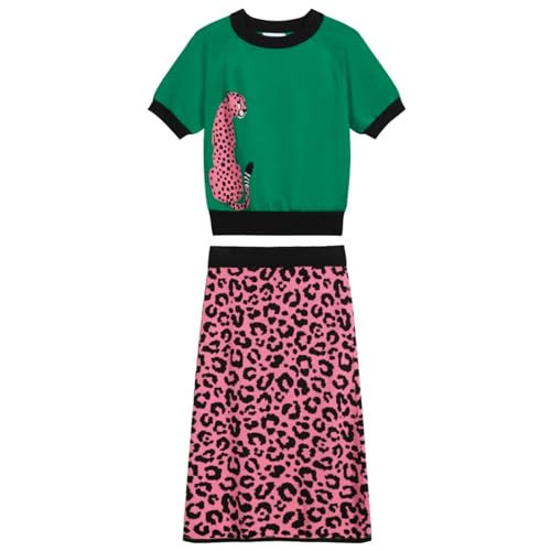 OXKNIT Women's Knitted 2 Piece Skirt Sets, 1960s Mod Style Retro Leopard Green T-shirt and Pink A-shape Skirt for Summer | Amazon (US)